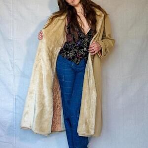 70s Tan Faux Shearling Trench Coat